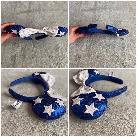 Disney Parks Minnie Mouse Mickey Ears Headband Sequin Stars Blue White Silver - Picture 5 of 12